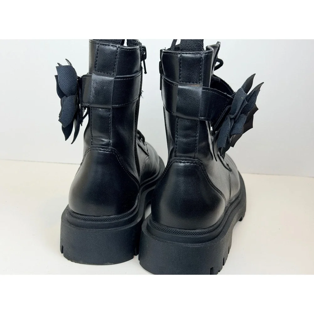 Girls Black Combat Boots Floral Ankle Strap Lace Up Side Zip Lug Sole Size 38 EU